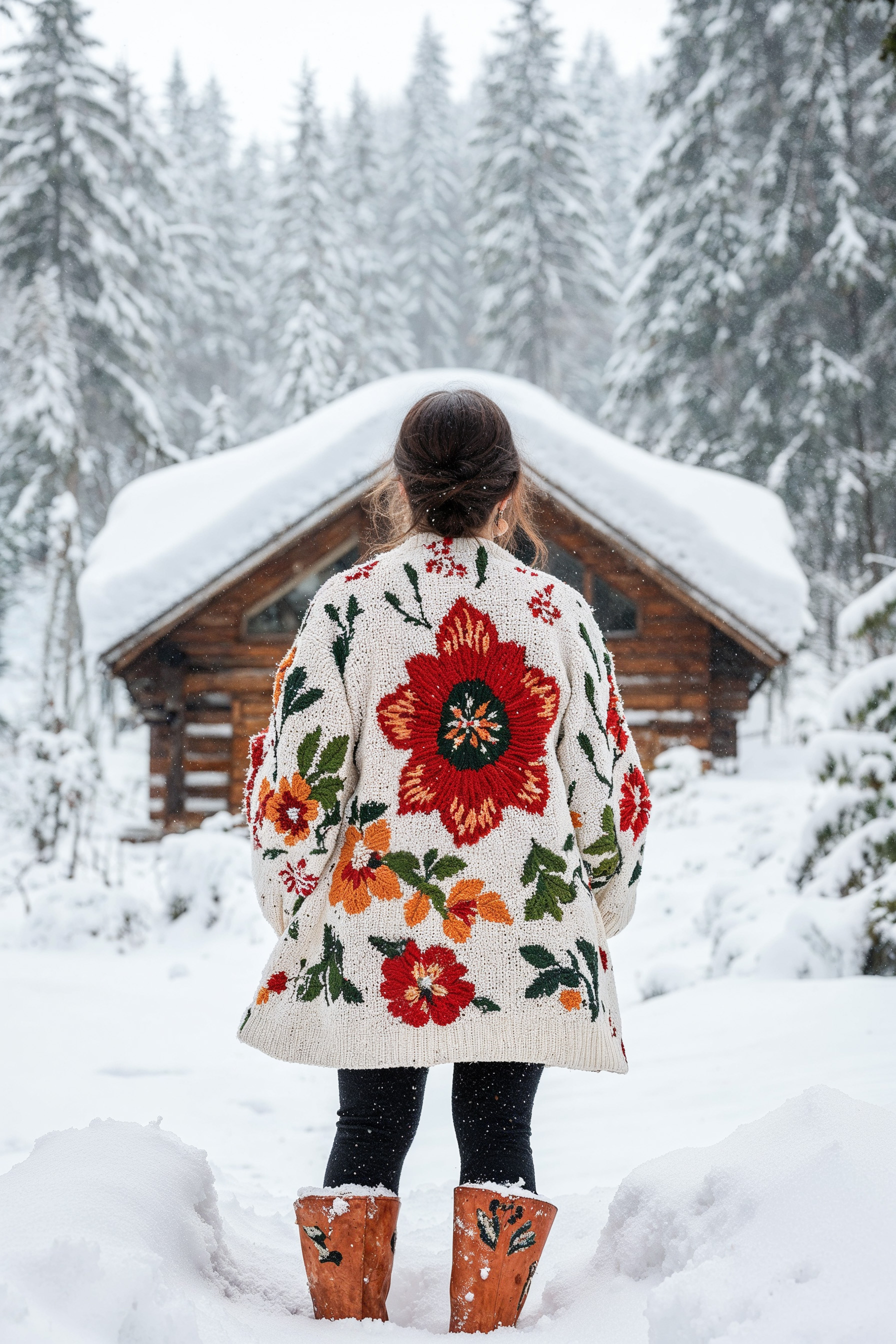 woman with festive sweater approaching snow covered cabin with snowy forest in background