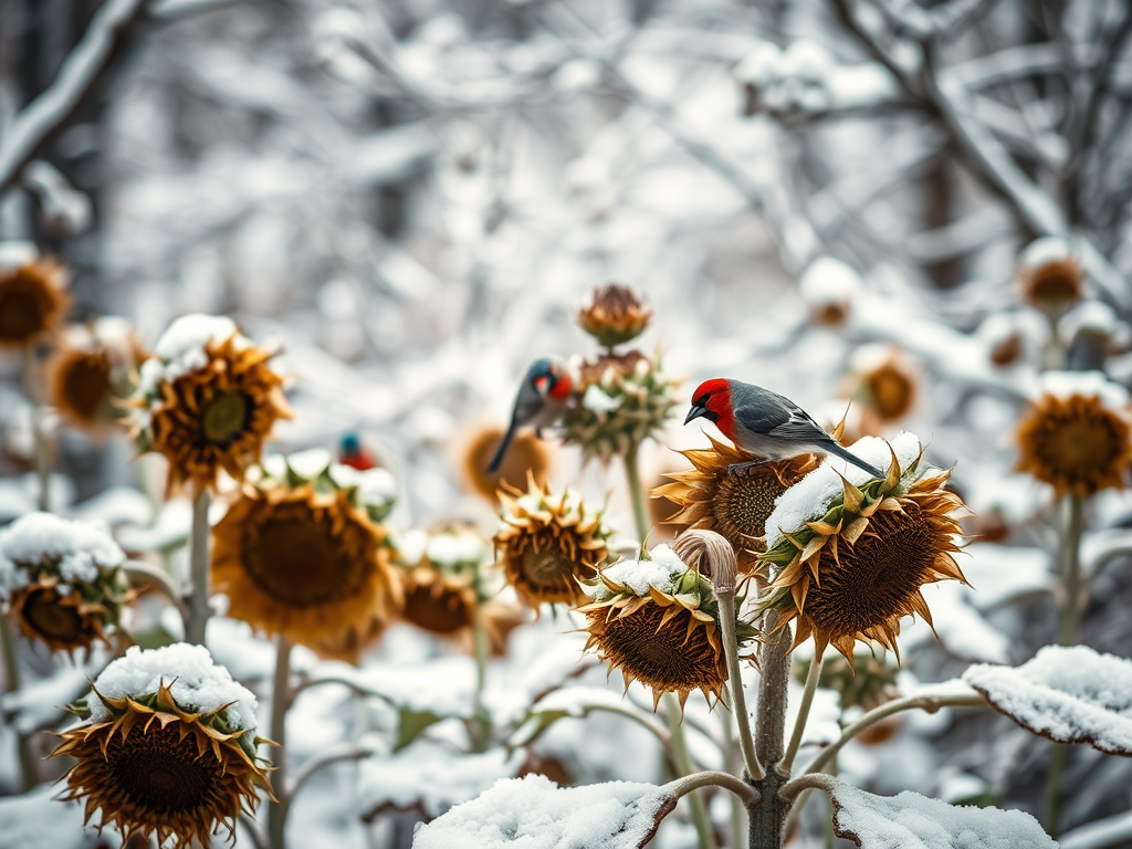 Birds eating sunflowers in a snow-covered garden in winter.